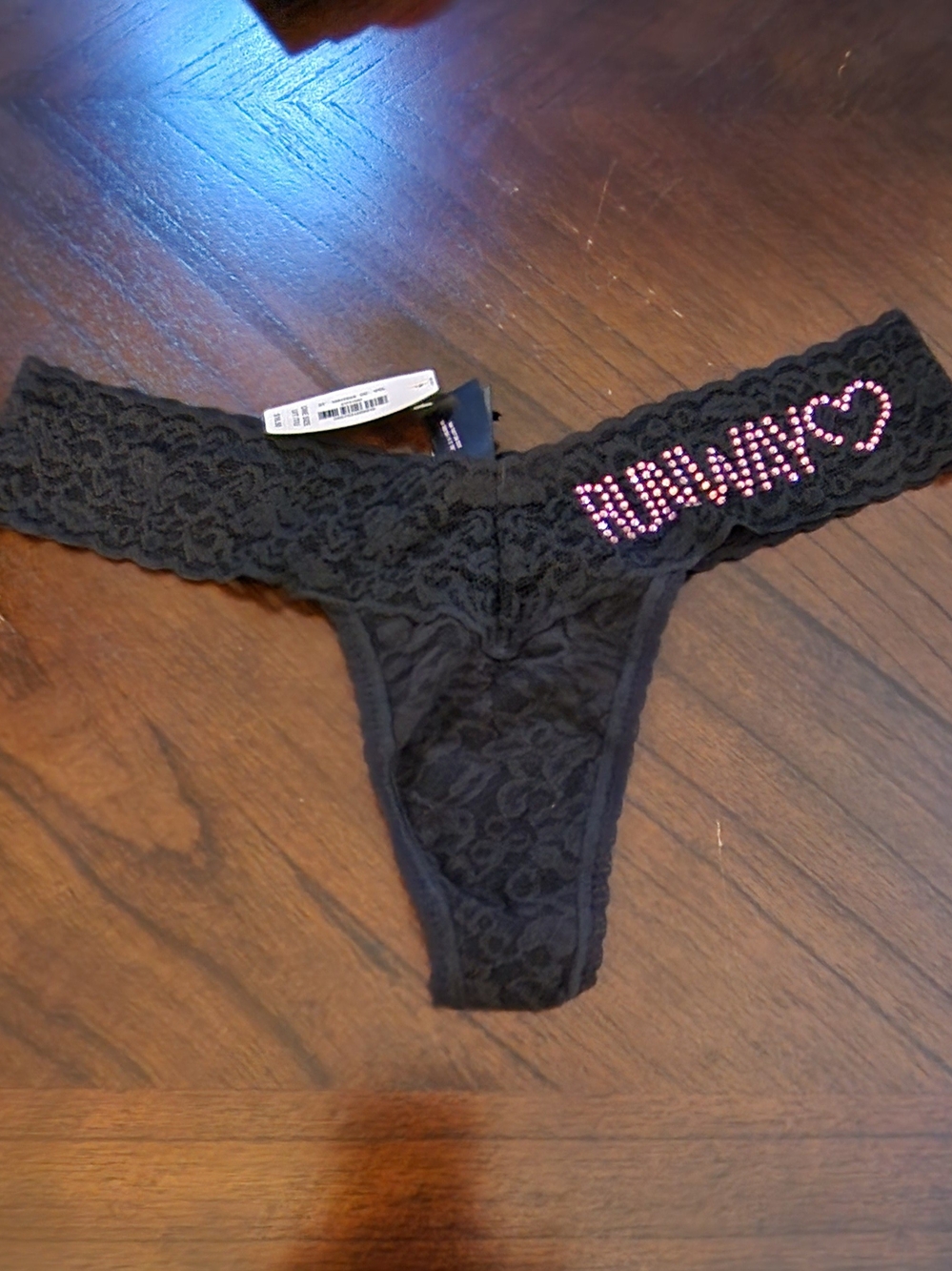 Victoria's Secret Black Lace Thong with Pink Rhinestone Heart Detail